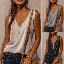 Simple Style Sleeveless Zipper V-neck Solid Color Loose T-shirt Top