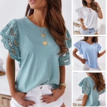 Fashion Lace Spliced Short Sleeve Round Neck Solid Color T-shirt
