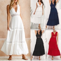 Sexy Backless V-neck High Waist Lace Spliced Solid Color Maxi Dress