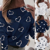 Fashion Oblique Shoulder Long Sleeve Star/Heart Printed T-shirt