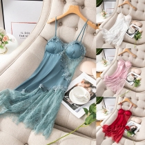 Sexy Backless V-neck Lace Spliced Solid Color Sling Nightwear Dress