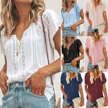 Fashion Solid Color Short Sleeve V-neck Hollow Out Loose Top
