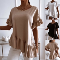 Fashion Solid Color Ruffle Cuff Irregular Hem Solid Color Loose T-shirt