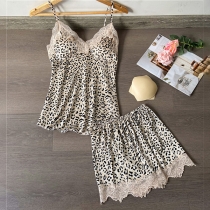 Sexy Backless V-neck Lace Spliced Leopard Printed Sling Top + Shorts Nightwear Set