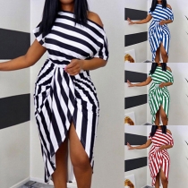 Sexy Oblique Shoulder Irregular Hem Lace-up Stripe Dress