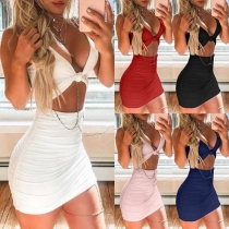 Sexy Hollow Out High Waist Knotted V-neck Solid Color Tight Dress