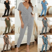 Sexy V-neck Short Sleeve High Waist Solid Color Jumpsuit