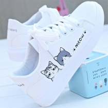 Casual Style Flat Heel Round Toe Lace-up Cat Pattern White Shoes