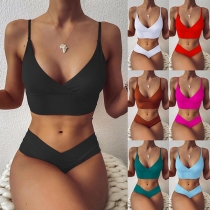 Sexy Low-waist V-neck Solid Color Bikini Set