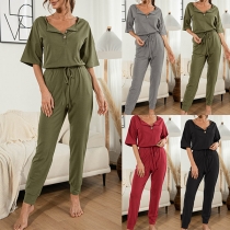 Fashion Solid Color Short Sleeve V-neck High Waist Jumpsuit