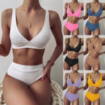 Sexy V-neck High Waist Solid Color Bikini Set