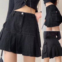 Fashion High Waist Pleated Hem Denim A-line Skirt