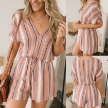 Fashion Short Sleeve V-neck High Waist Striped Romper