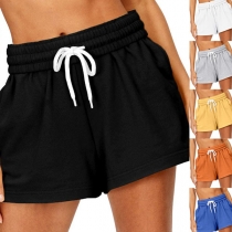 Casual Style Elastic High Waist Solid Color Sports Shorts