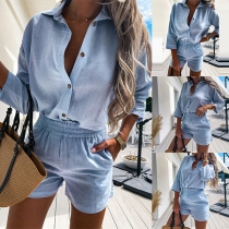 OL Style Long Sleeve POLO Collar Solid Color Shirt