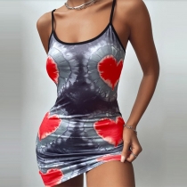 Sexy Backless Heart Printed Slim Fit Sling Mini Dress