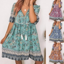 Bohemian Style Short Sleeve V-neck Loose Printed Dress