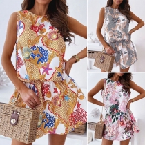 Sweet Style Sleeveless Round Neck Middle Waist Printed Dress