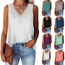 Fashion Lace Spliced V-neck Sleeveless Solid Color Top