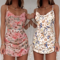 Sexy Backless Cowl Neck Slim Fit Printed Sling Wrinkled Dress