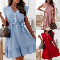 Sweet Style Sleeveless V-neck Ruffle Hem Solid Color Dress