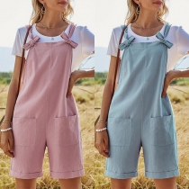 Casual Style High Waist Front-pocket Solid Color Loose Sling Romper