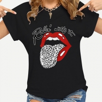Casual Style Short Sleeve Round Neck Tongue Lip Pattern T-shirt