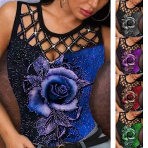 Sexy Hollow Out Sleeveless Round Neck 3D Rose Pattern T-shirt Tank Top