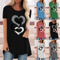 Fashion Rhinestone Heart Pattern Short Sleeve Round Neck Loose T-shirt