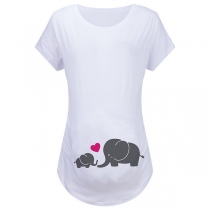 Cute Cartoon Elephant Printed Short Sleeve Round Neck Maternity T-shirt