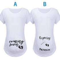 Casual Style Letters Printed Short Sleeve Round Neck Maternity T-shirt (Size falls small)