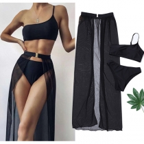 Sexy One-shoulder Top + Low-waist Briefs + Gauze Skirt Swimsuit Three-piece Set