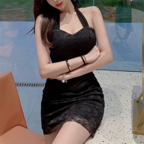 Sexy Backless V-neck Solid Color Slim Fit Halter Lace Dress