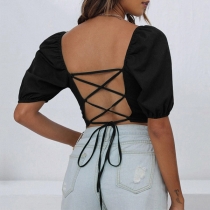 Sexy Lace-up Backless Short Sleeve Round Neck Solid Color T-shirt