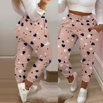 Casual Style Elastic Waist Heart Printed Pants