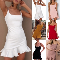 Sexy Backless Square Collar Ruffle Hem Solid Color Sling Dress