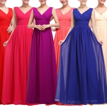 Elegant Solid Color Sleeveless V-neck High Waist Solid Color Party Dress