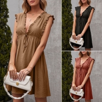 Sexy Deep V-neck Sleeveless High Waist Solid Color Dress