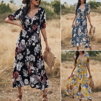 Sexy V-neck Slit Hem Short Sleeve High Waist Printed Maxi Dress