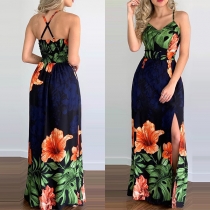 Sexy Backless V-neck Slit Hem High Waist Sling Printed Maxi Dress
