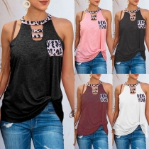 Fashion Leopard Spliced Sleeveless Round Neck Twisted Hem Top