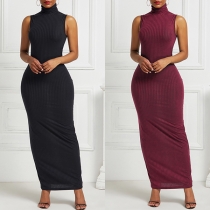 Simple Style Sleeveless Turtleneck Solid Color Slim Fit Maxi Dress