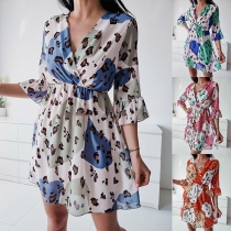 Sexy V-neck Ruffle Cuff Half Sleeve Printed Dress