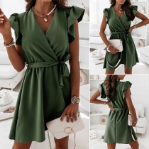 Sexy V-neck Ruffle Cuff Sleeveless Solid Color Dress