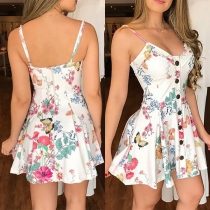 Sexy Backless V-neck Single-breasted Sling Printed Dress