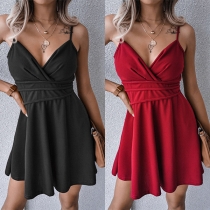 Sexy Backless V-neck High Waist Solid Color Sling Dress