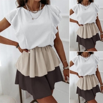 Fashion Contrast Color Round Neck Ruffle Dress