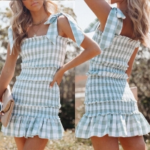 Sexy Backless Ruffle Hem Slim Fit Sling Plaid Dress