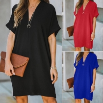 Simple Style Short Sleeve V-neck Solid Color Loose Dress