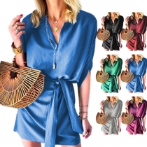 Fashion Solid Color Short Sleeve V-neck Lace-up Dress